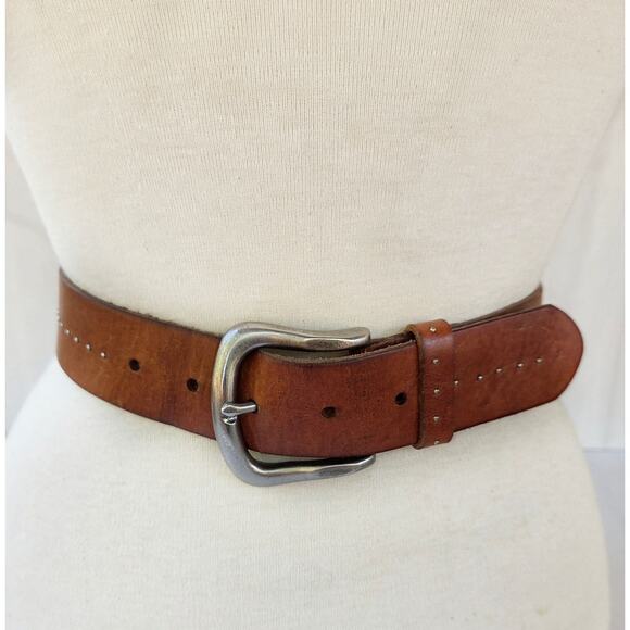 Y2K Fossil Brown Leather Belt M Floral Medallion Pink Crystal Glam - Picture 3 of 8